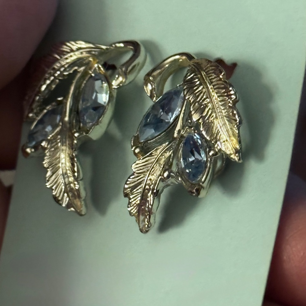Vintage Elegant Gold and aquamarine stones on Leaf Earrings.